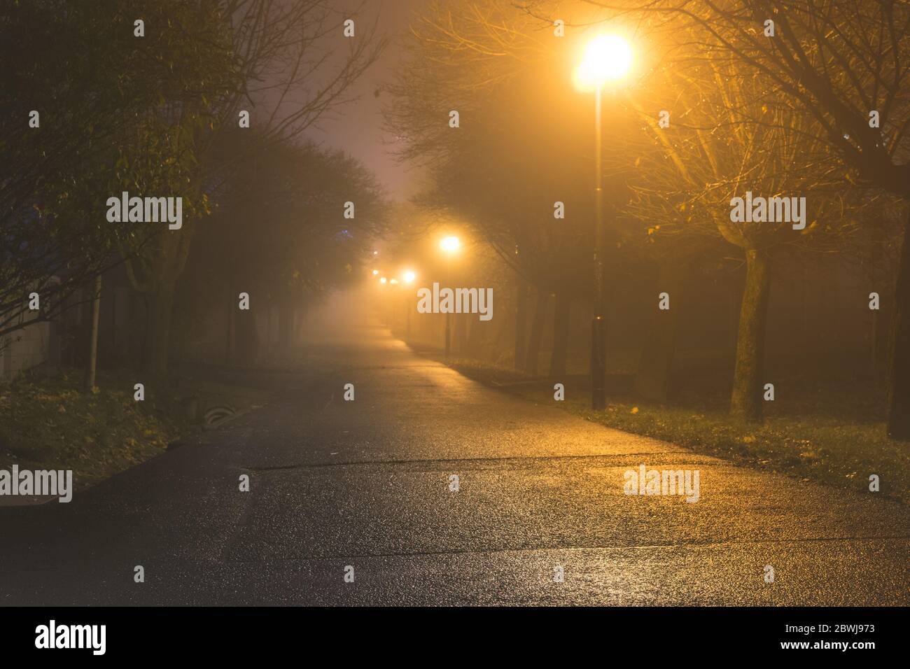 Dark alley in heavy fog iluminated by street lamps Stock Photo