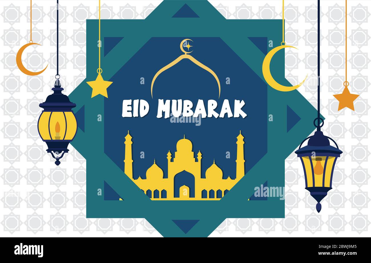 Islamic Illustration of Happy Eid Mubarak with Mosque Lantern Moon Decoration Stock Vector