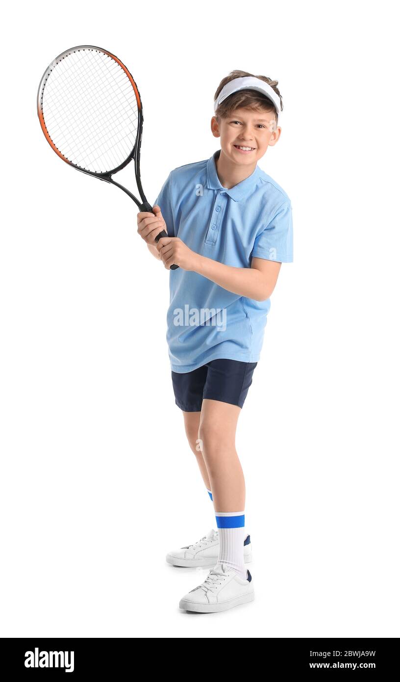 Cute little boy with tennis racket on white background Stock Photo - Alamy