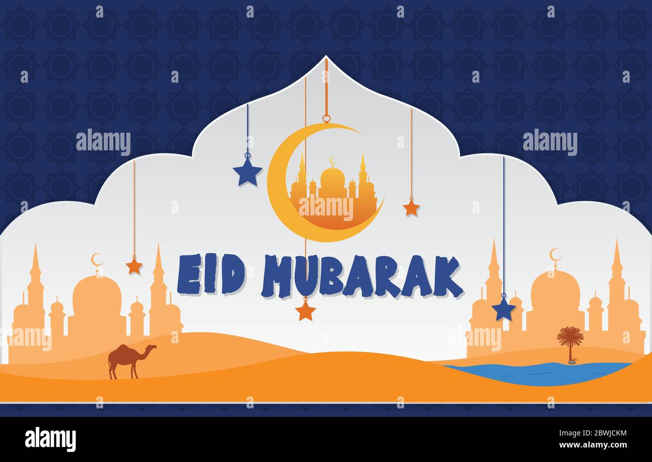 Mosque on Desert with Date Tree Camel Islamic Illustration of Happy Eid Mubarak Stock Vector