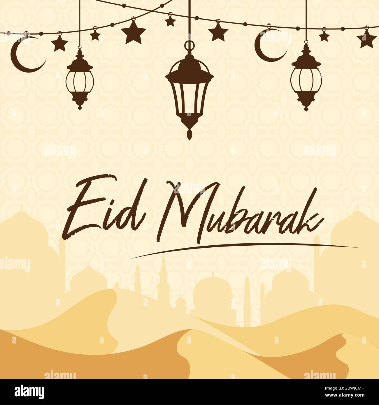 Mosque on Desert with Lantern Islamic Illustration of Happy Eid Mubarak Stock Vector