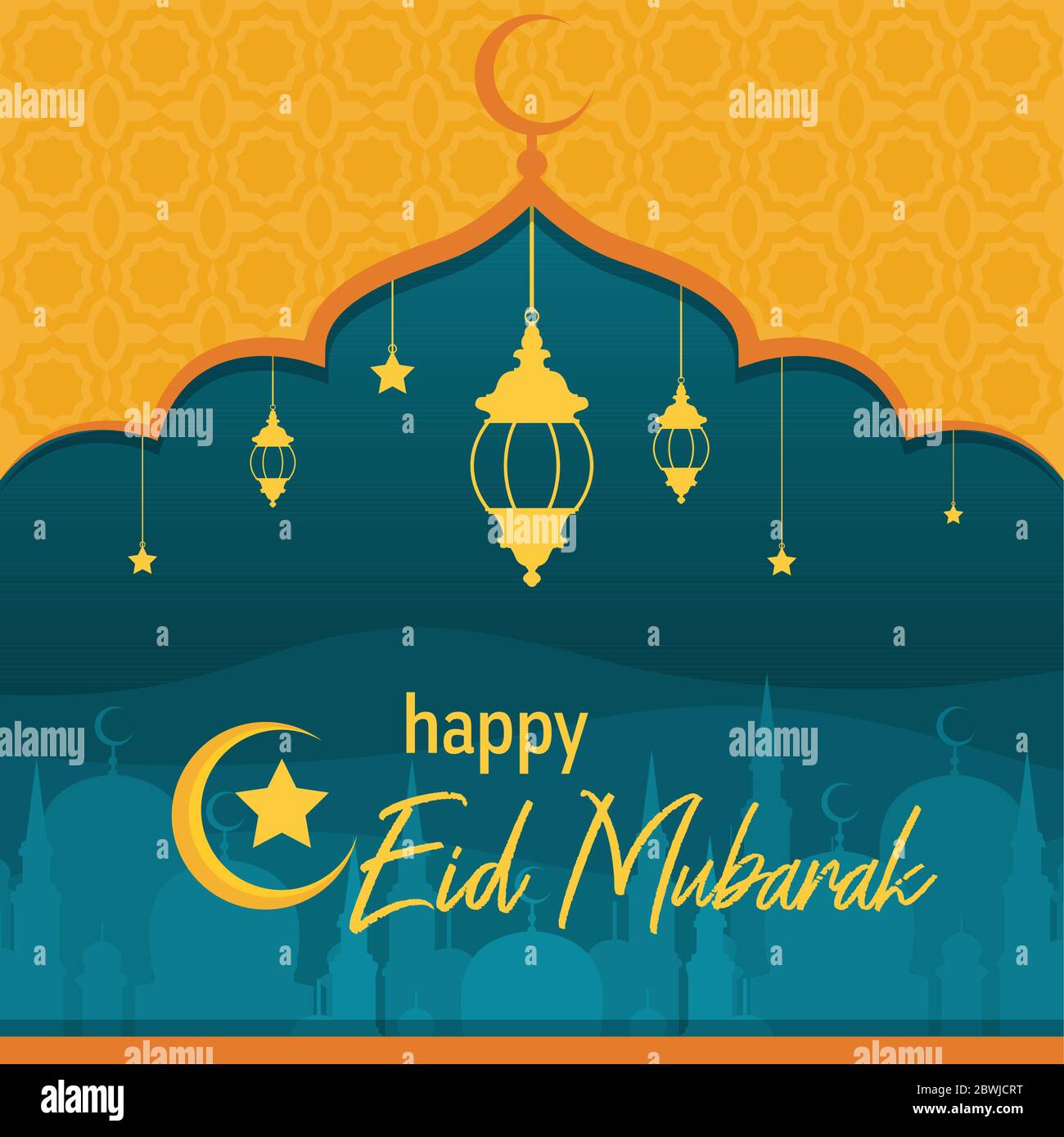 Mosque on Desert with Lantern Islamic Illustration of Happy Eid Mubarak Stock Vector