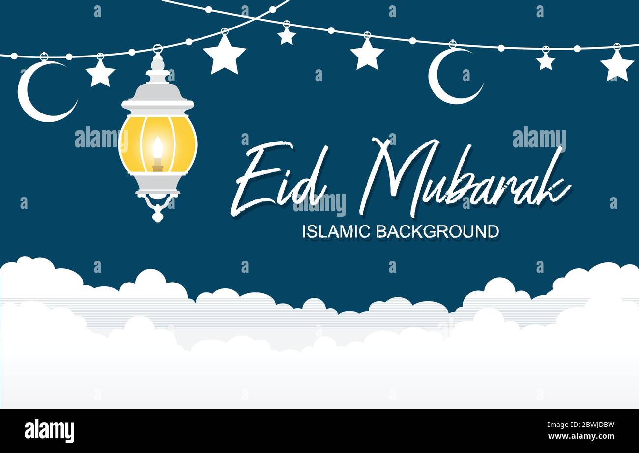 Islamic Illustration of Happy Eid Mubarak Lantern Moon Star Cloud Decoration Stock Vector