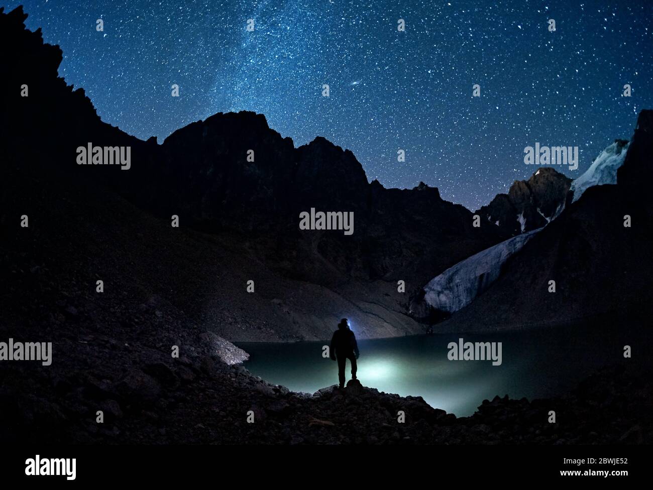 Man with his head light is looking at the lake at starry night the mountains Stock Photo
