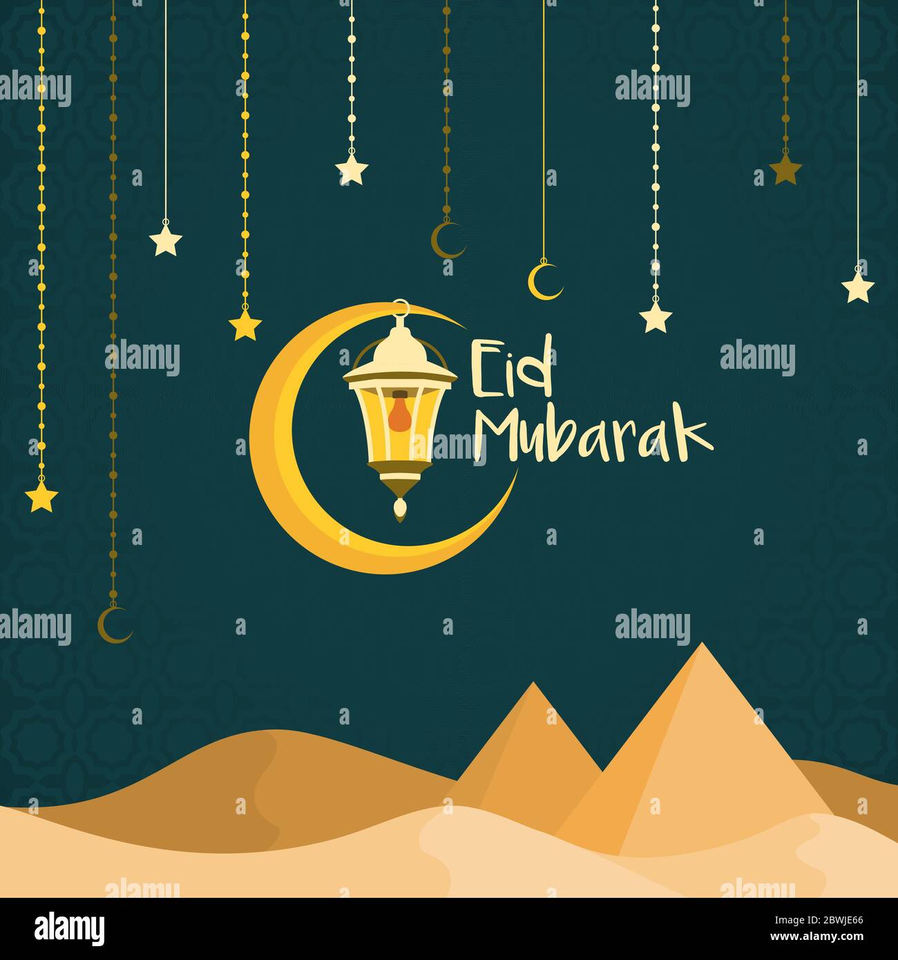 Desert with Pyramid Moon Lantern Islamic Illustration of Happy Eid Mubarak Stock Vector