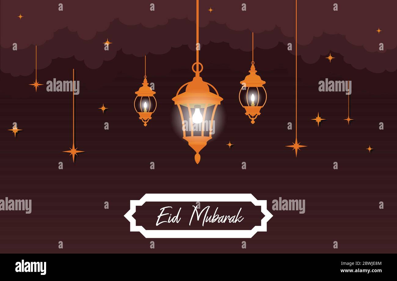 Islamic Illustration of Happy Eid Mubarak with Lantern Stars Cloud Decoration Stock Vector
