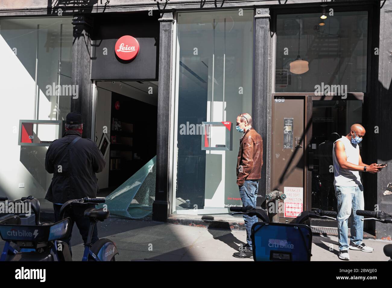 New York, NY, USA - June 1, 2020: Leica store on West Broadway windows smashed and store looted of all stock. Stock Photo
