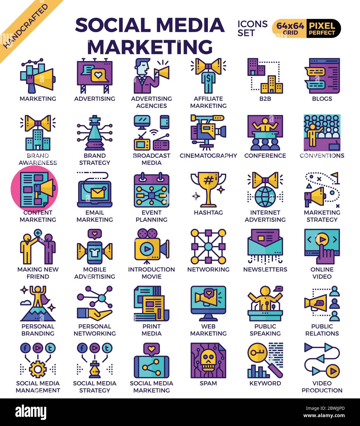 Social media marketing concept detailed line business icons set in ...