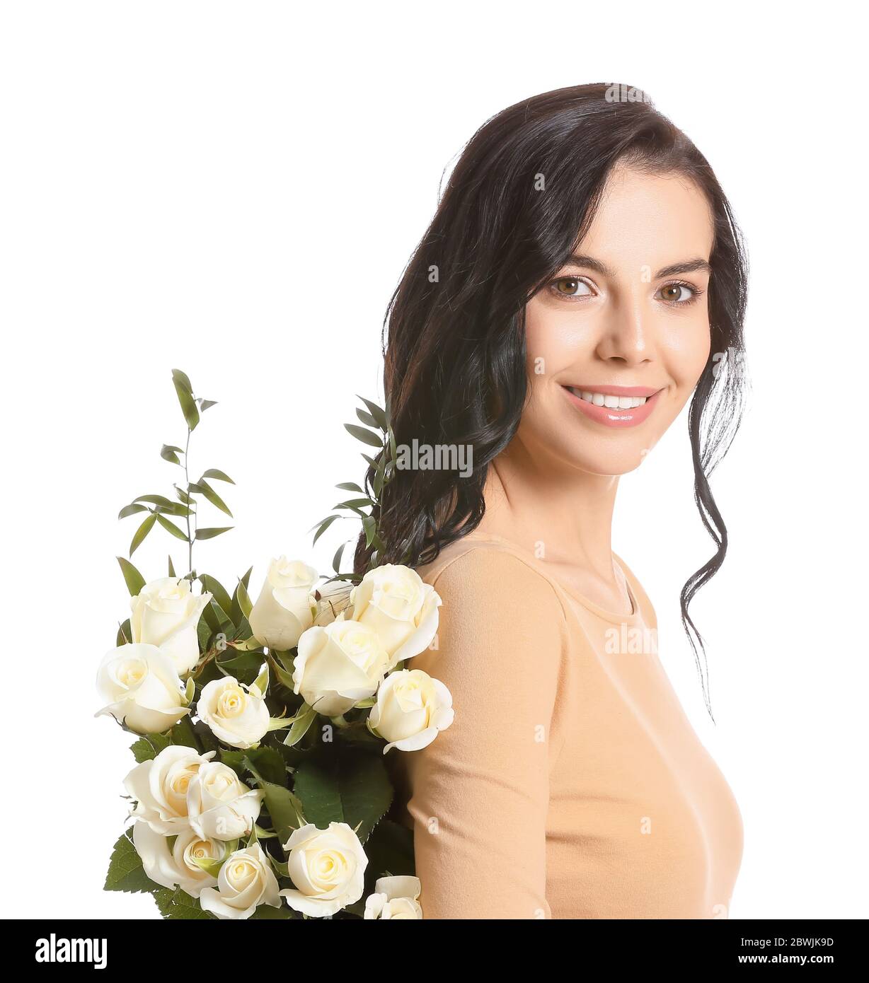 Beautiful young woman with bouquet of roses on white background Stock ...