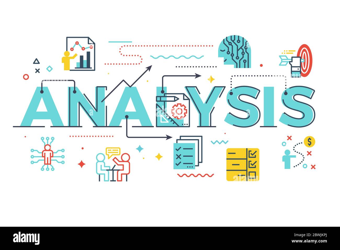 Analysis word lettering illustration with icons for web banner, flyer ...