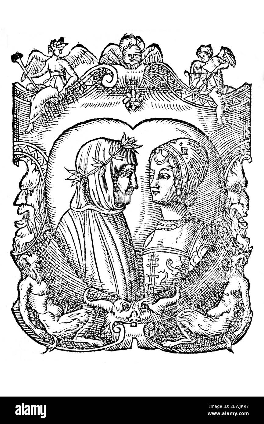 Portrait of Petrarch and Laura with an epitaph on engraving from the 1551s. Italian scholar, poet and humanist Stock Photo