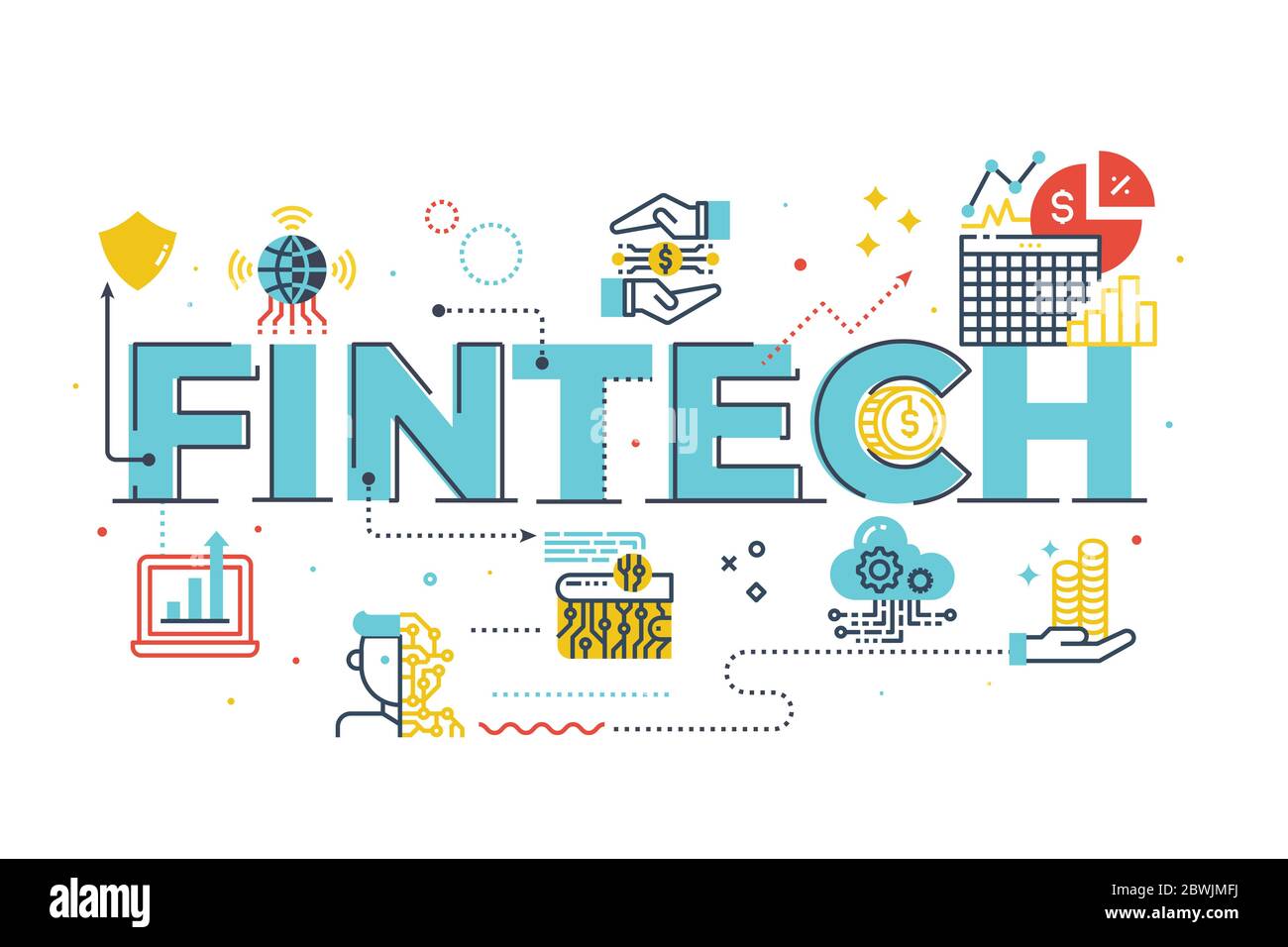 Fintech (Financial Technology) word lettering illustration with icons