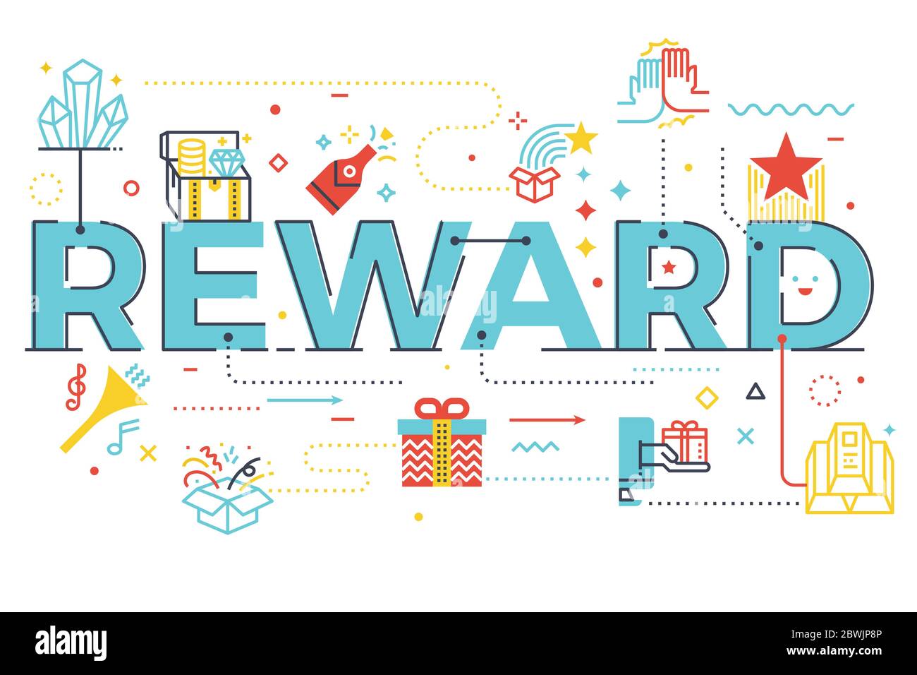 Reward word lettering illustration with icons for web banner, flyer