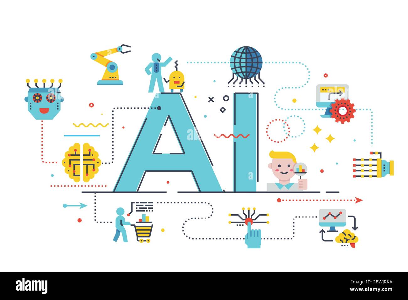 AI (artificial intelligence) word lettering illustration with icons for web banner, flyer, landing page, presentation, book cover, article, etc. Stock Vector