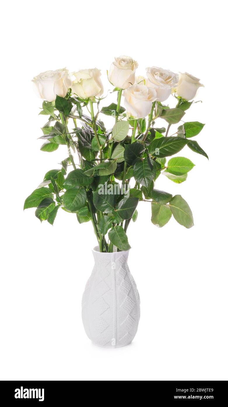 Beautiful roses in vase on white background Stock Photo - Alamy