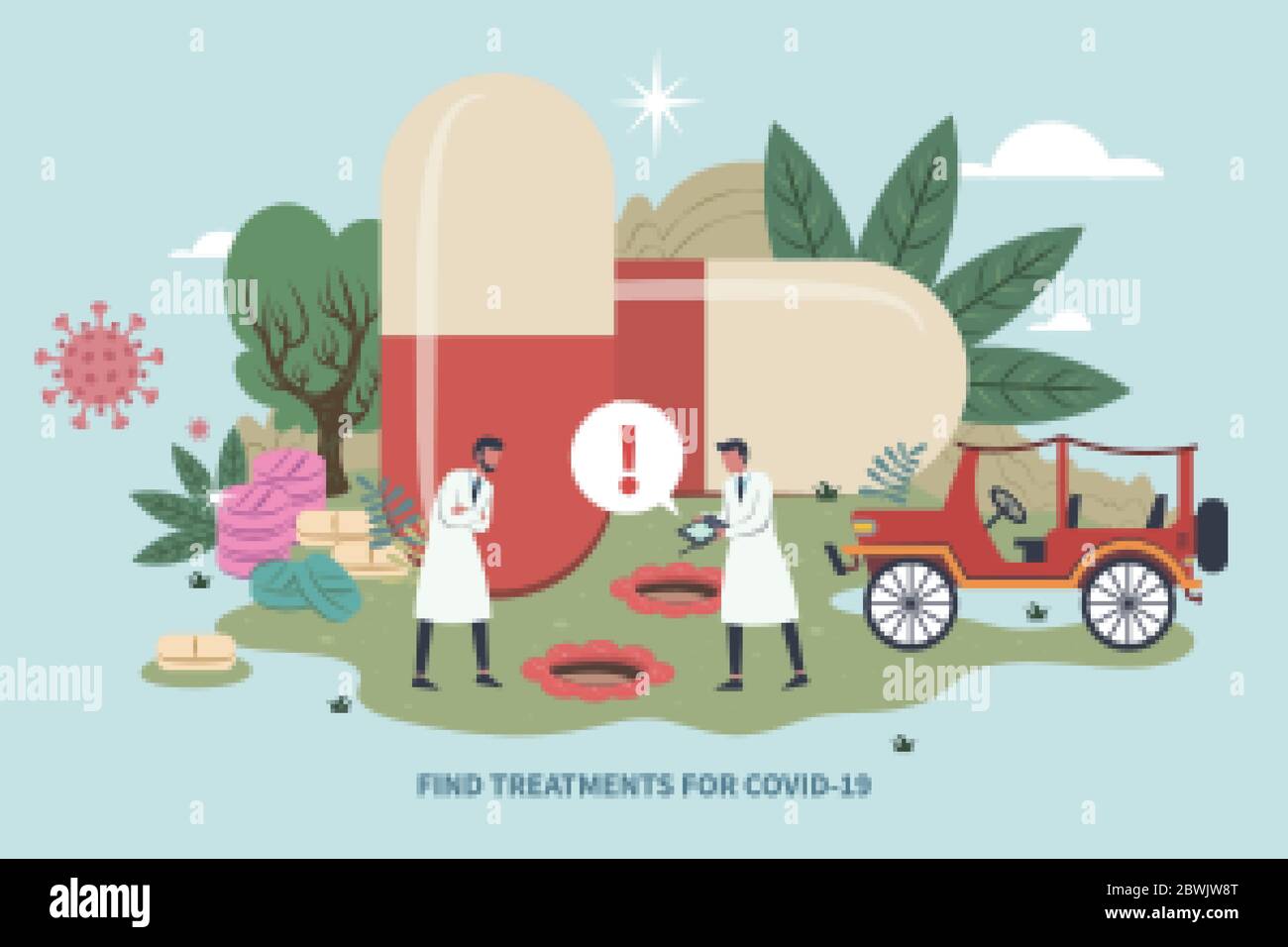 Scientists keep searching new treatments for COVID-19 flat design conceptual illustration, Giant capsules and pills in the garden behind medical staff Stock Vector