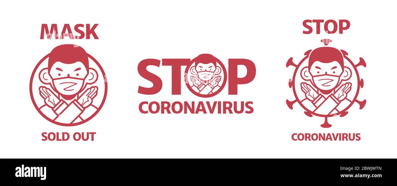 STOP CORONAVIRUS and MASK SOLD OUT icon, a man wearing face mask and ...
