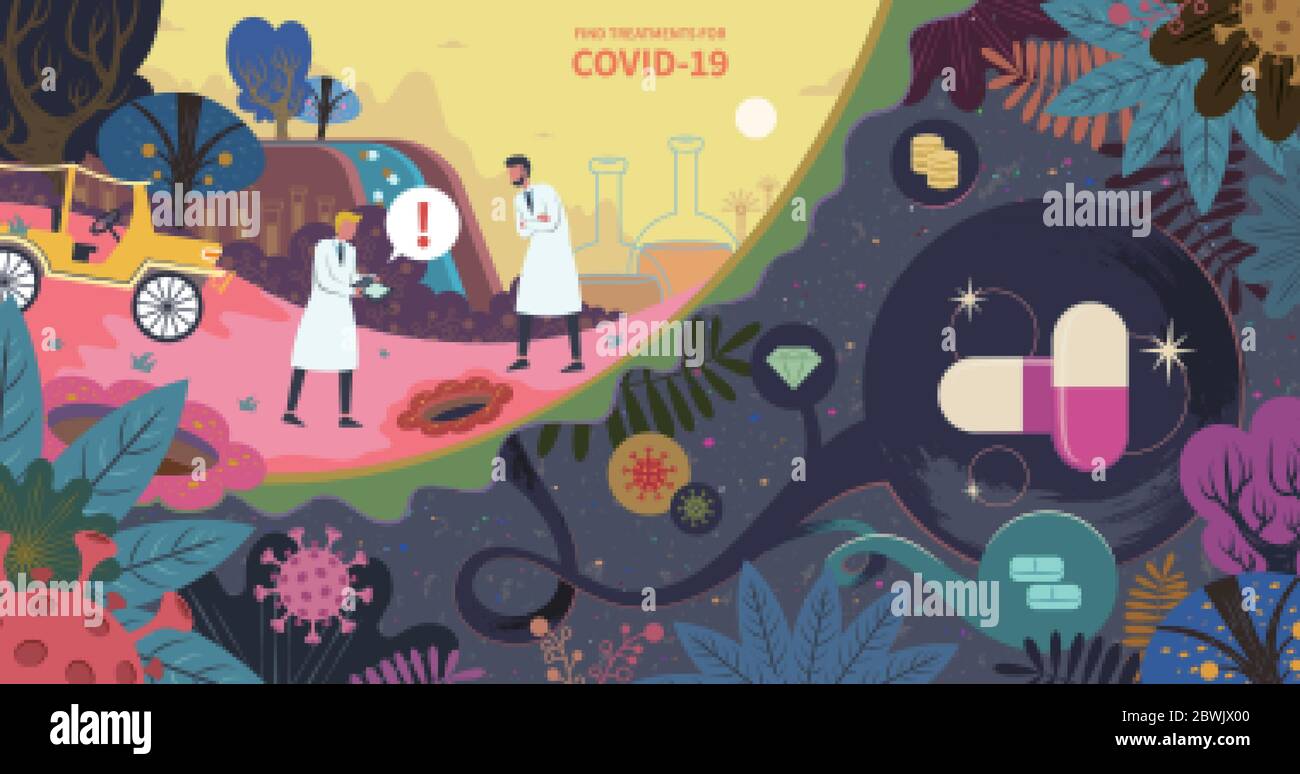 Scientists keep searching new treatments for COVID-19 in beautiful garden, flat design conceptual illustration with giant capsules hiding underground Stock Vector