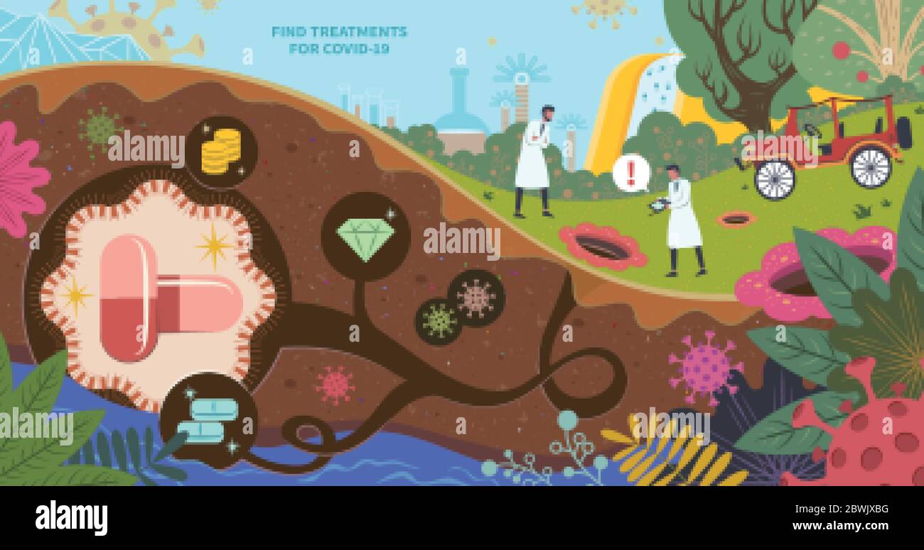 Scientists keep searching new treatments for COVID-19 in beautiful garden, flat design conceptual illustration with giant capsules and pills hiding un Stock Vector