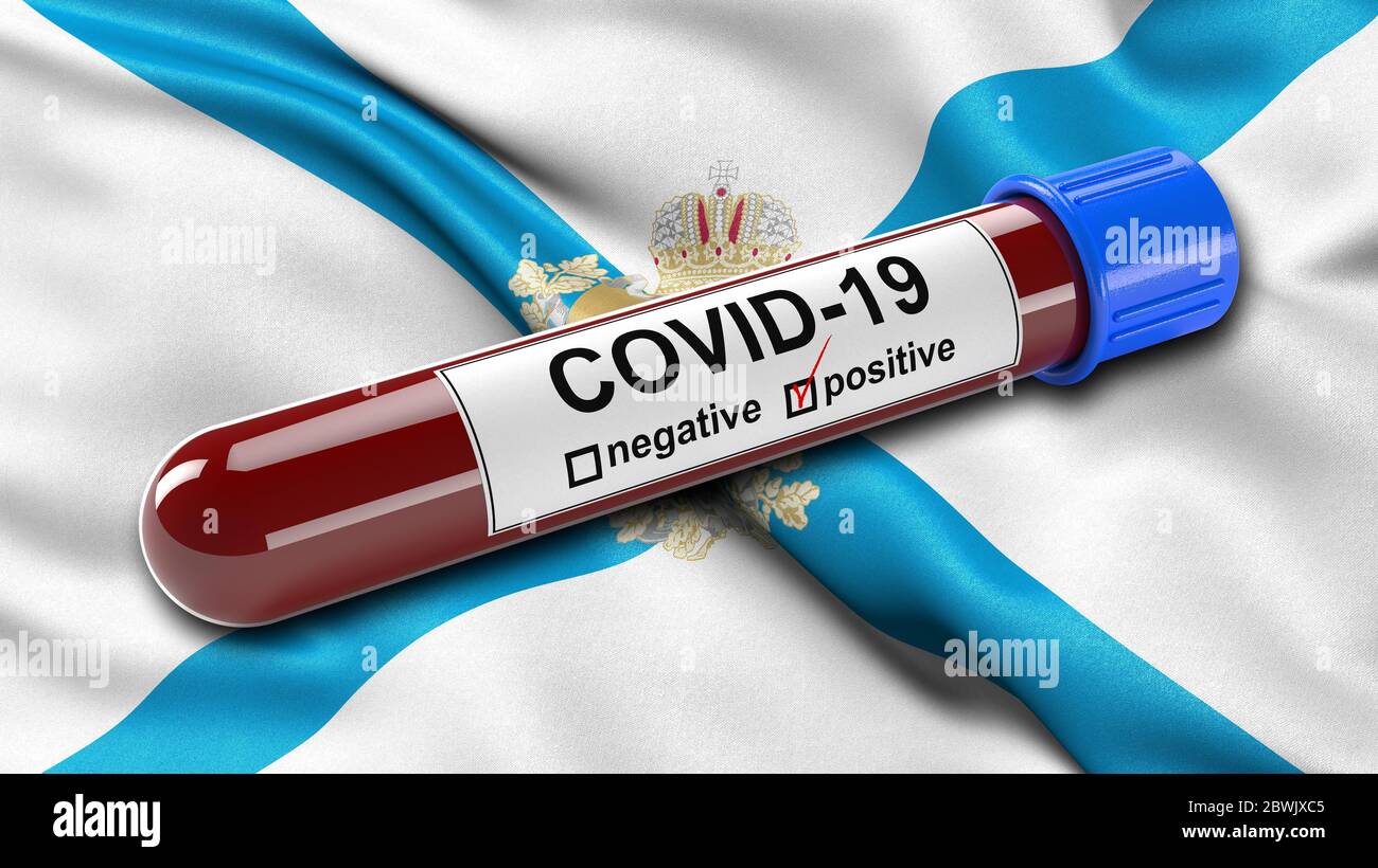 Flag of Arkhangelsk Oblast waving in the wind with a positive Covid-19 blood test tube. Stock Photo