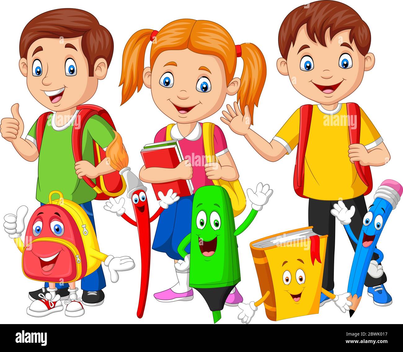 Cartoon happy school children with school supplies Stock Vector Image & Art  - Alamy