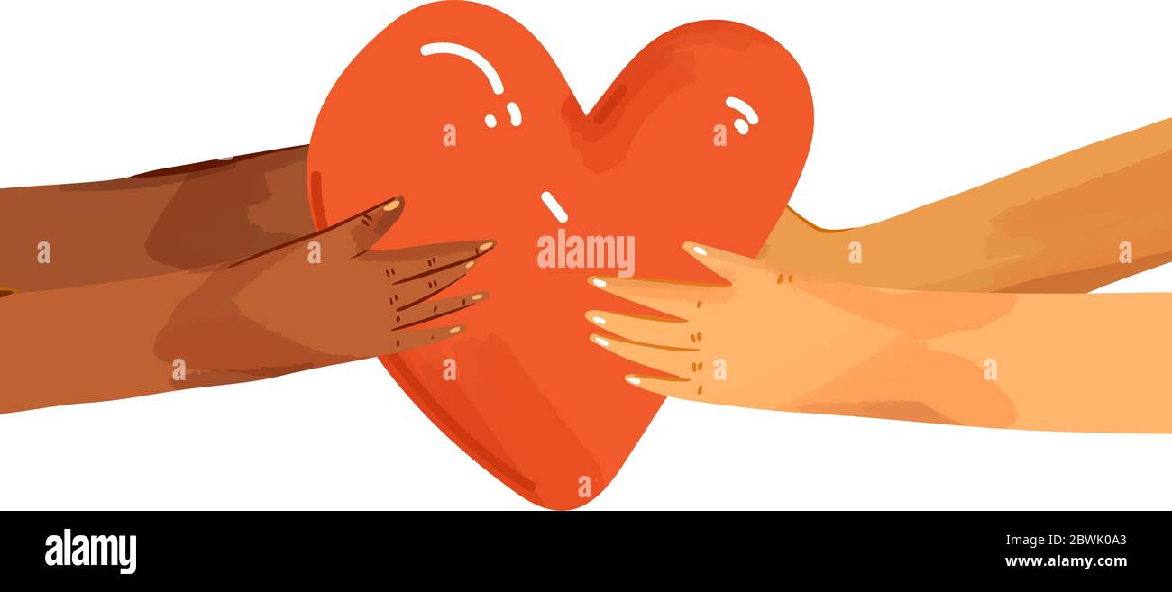 Vector flat illustration of diverse people sharing love, support, appreciation to each other. Hands giving heart, and hands taking heart as a sign of Stock Vector