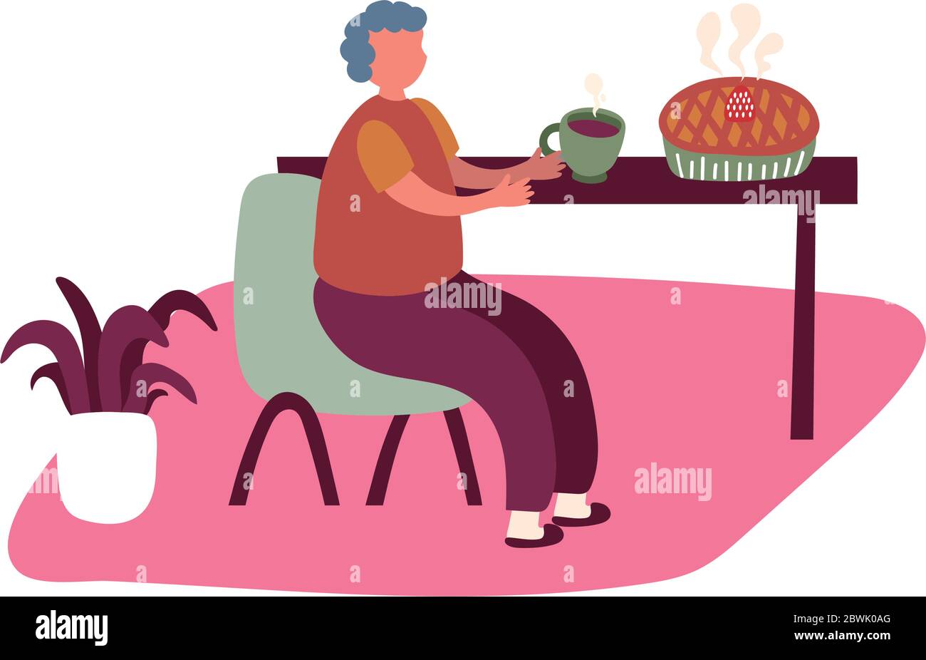 eldery man eating coffee and pie in home activity free form style Stock Vector