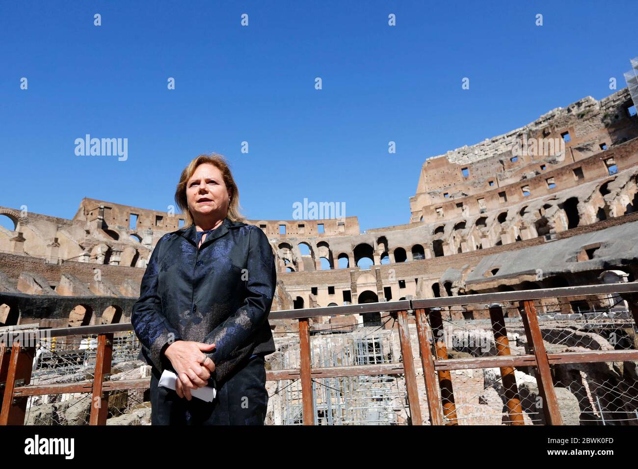 Rome, Italy. 01st June, 2020. Alfonsina Russo, director of the Colosseum Archeological Park, talks to reporters upon the reopening of the monument and other landmarks of the Park, such as Roman Forum, Palatine Hill and Domus Aurea, after more than two months of closure due to the Covid-19 pandemic. Credit: Riccardo De Luca - Update Images/Alamy Live News Stock Photo