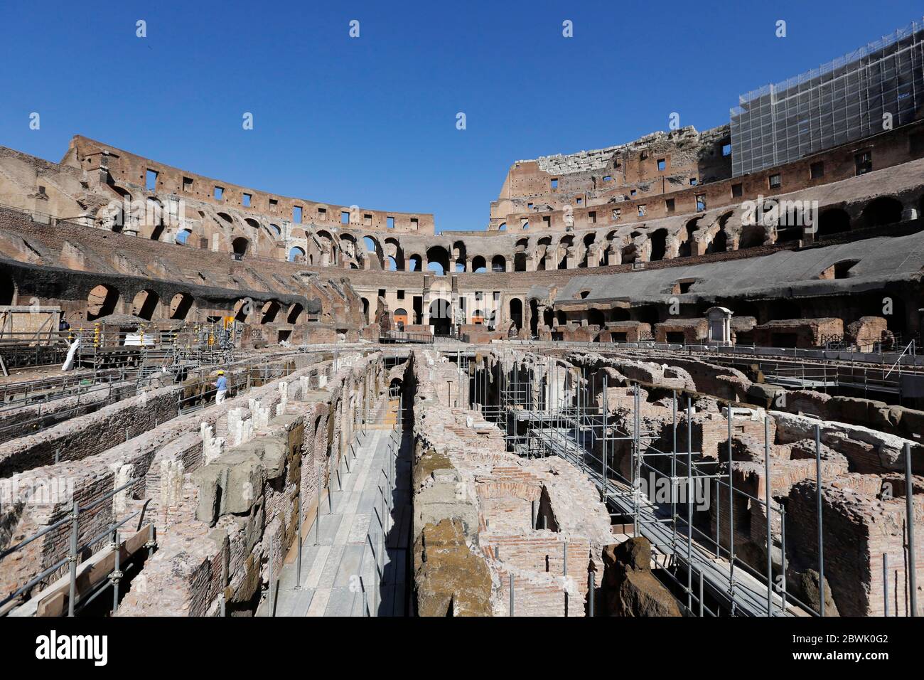 Rome, Italy. 01st June, 2020. An internal view of the Colosseum. The monument and other landmarks of its Archeological Park, such as Roman Forum, Palatine Hill and Domus Aurea, reopen to the public after more than two months of closure due to the Covid-19 pandemic. Credit: Riccardo De Luca - Update Images/Alamy Live News Stock Photo