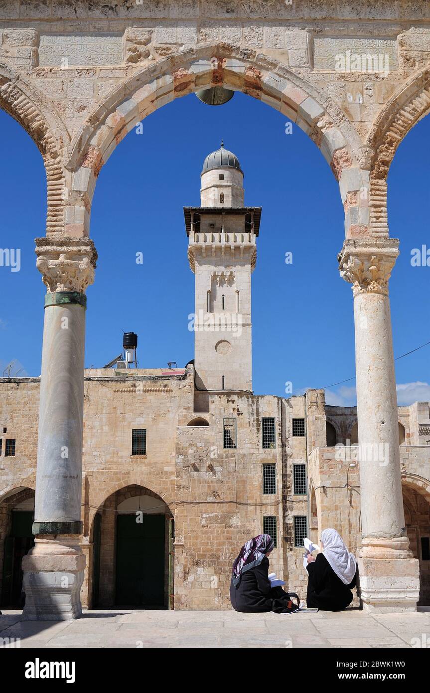 Mosque of Al-aqsa (Dome of the Rock) in Old Town. There are many historical buildings in the courtyard of Masjid Aksa Mosque. Stock Photo