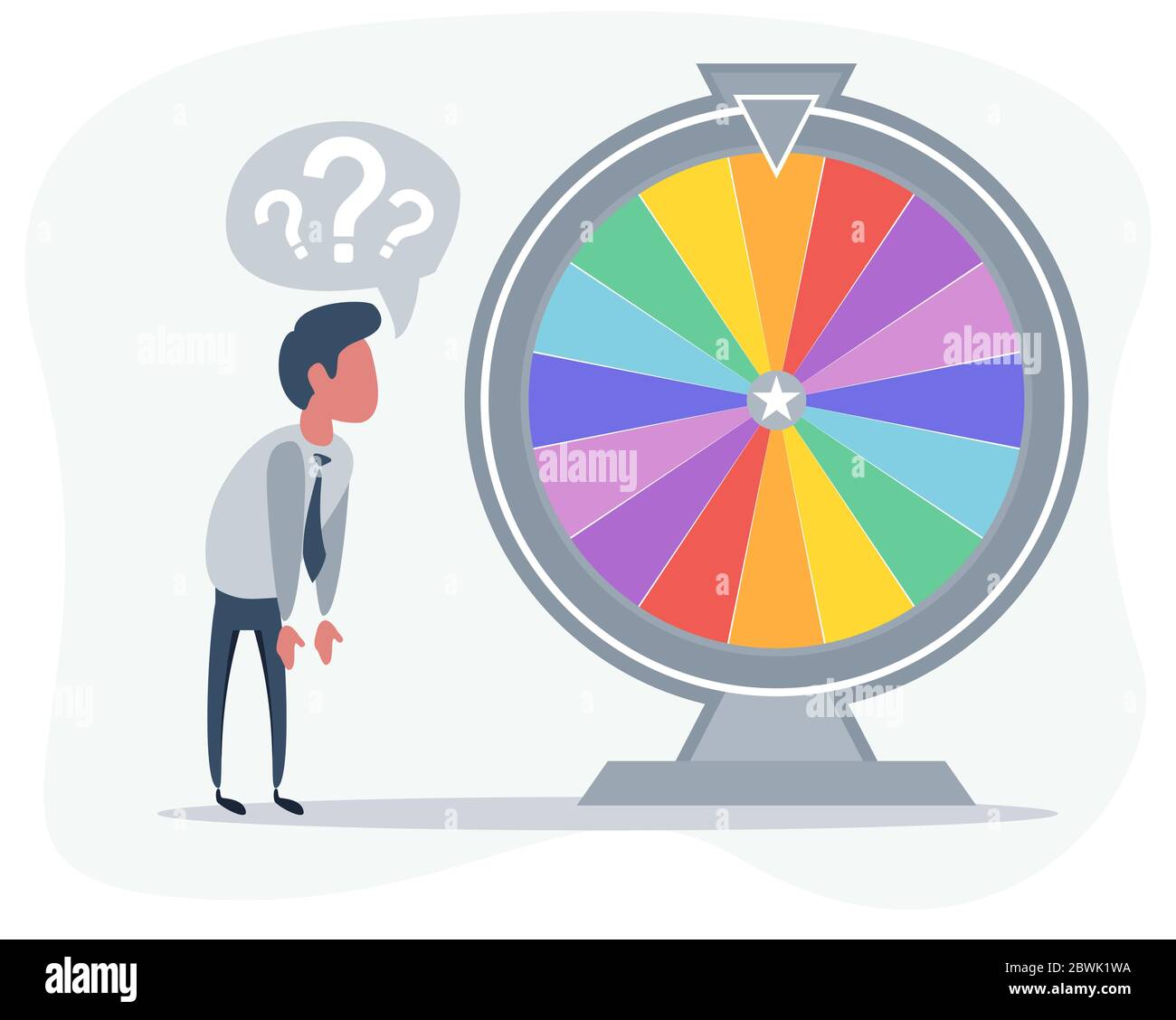 Funny Office Worker Standing Near the Wheel of Business Fortune. Stock Vector