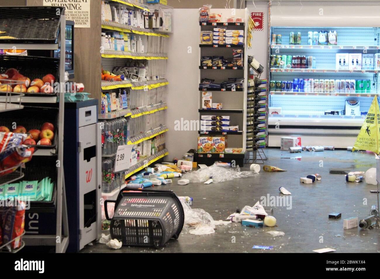 May 31, 2020, New York, New York, USA: Day of peaceful NYC marches gives way to chaos after dark after 4th day of protests over deathÃ‚Â ofÃ‚Â George Floyd.Ã‚Â Looters stormed Lower Manhattan, destroying multiple stores,Ã‚Â stealing items,Ã‚Â lighting fires,Ã‚Â and clashing with police all night long. This Walgreens store was ransacked by vandals. Officials and police believe it is the result of well-organized groups infiltrating peaceful protests, turning them into a riot.Ã‚Â The NYPD arrested more than 250 people. New York City decided to impose a curfew from 11:00 p.m. to 5:00 a.m. (Credit Stock Photo