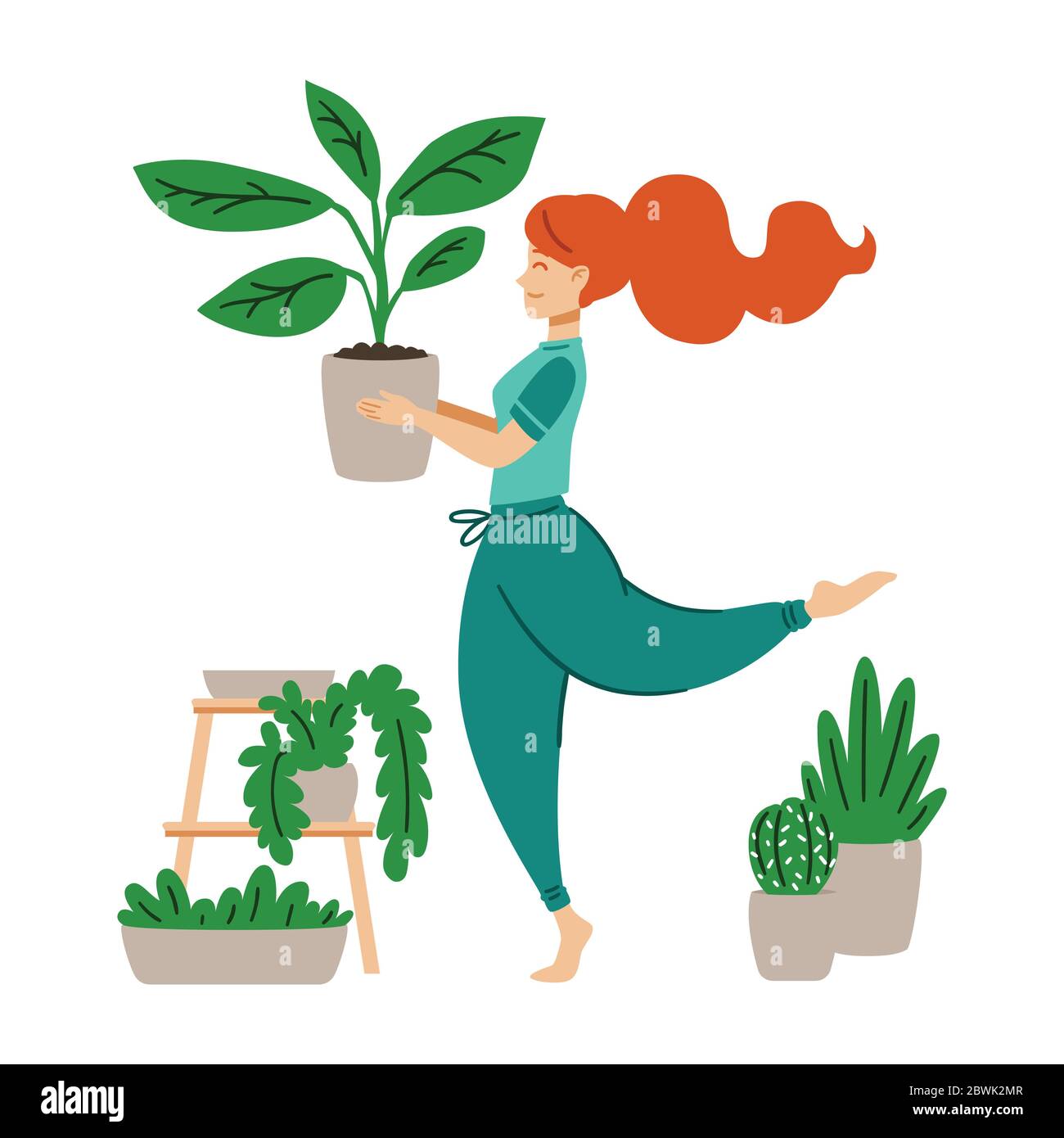 Red haired girl dancing with a flower pot in her hands. A woman takes care of houseplant. Crazy plant lady. Work at home. Modern vector illustration i Stock Vector