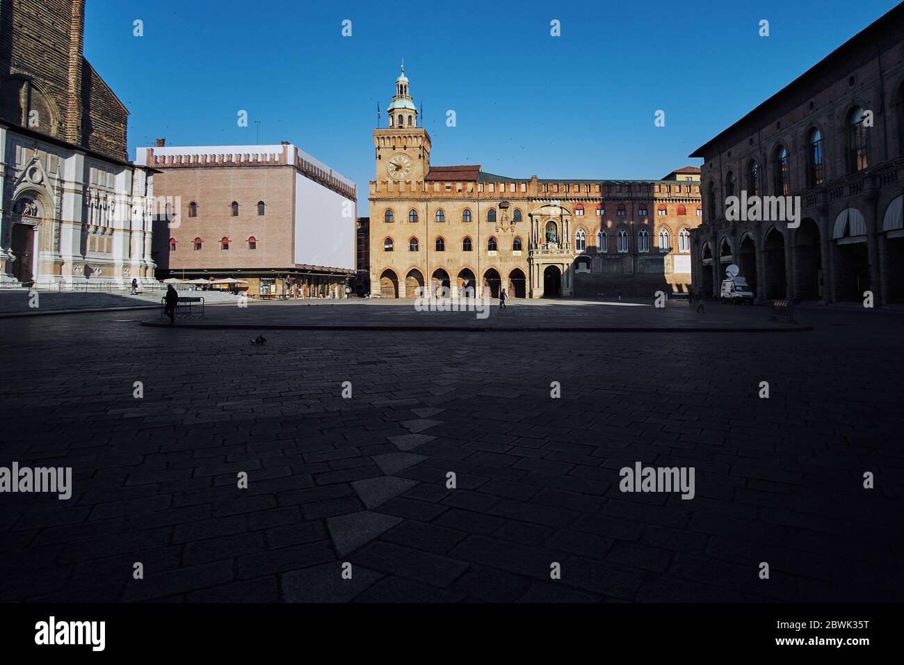 Bologna, Italy - May 21 2020:Palazzo d'Accursio, where the city's political activities reside. Stock Photo
