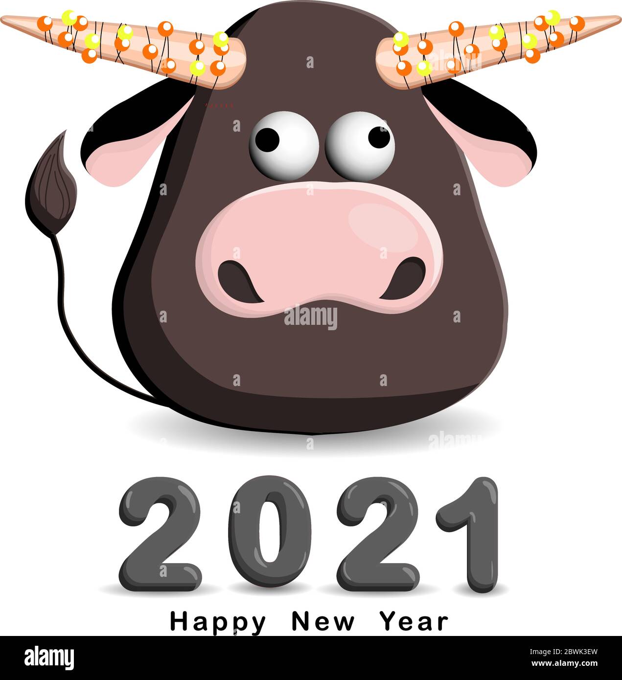 Bull isolated on a white background. 2021 YEAR of the bull. Buffalo, the cow. New Year card. Garland is festive. Funny character with horns. Happy New Stock Vector
