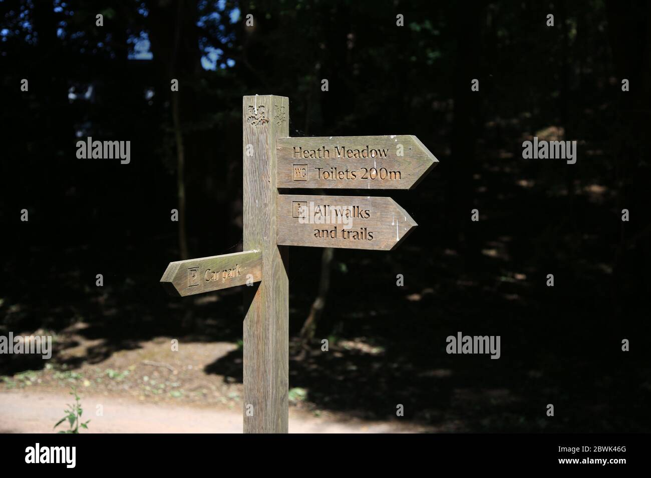 National trust signpost in Comer wood, Dudmaston estate, Shropshire, UK. Stock Photo