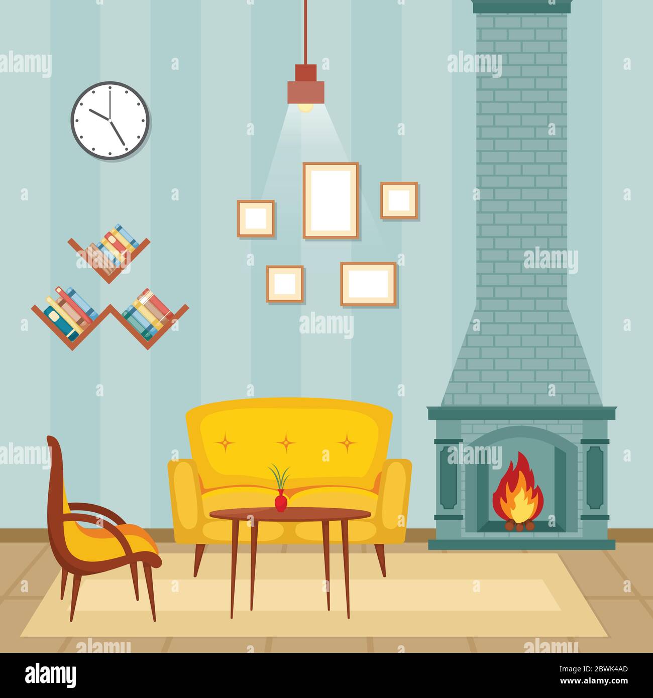 Fireplace Living Room Family House Interior Furniture Vector Illustration Stock Vector