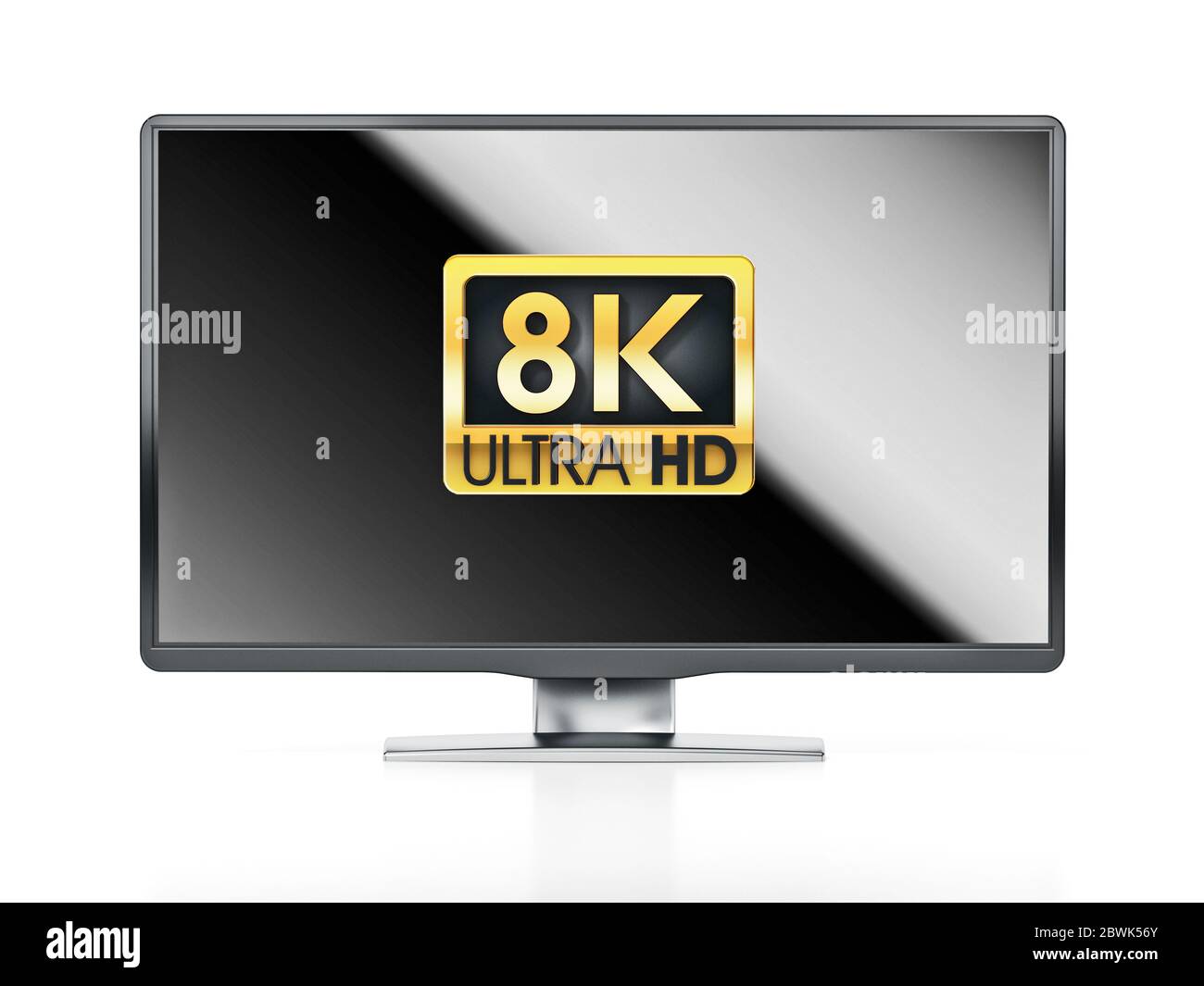 Gold 8K Ultra HD label on generic TV with reflection. 3D illustration. Stock Photo