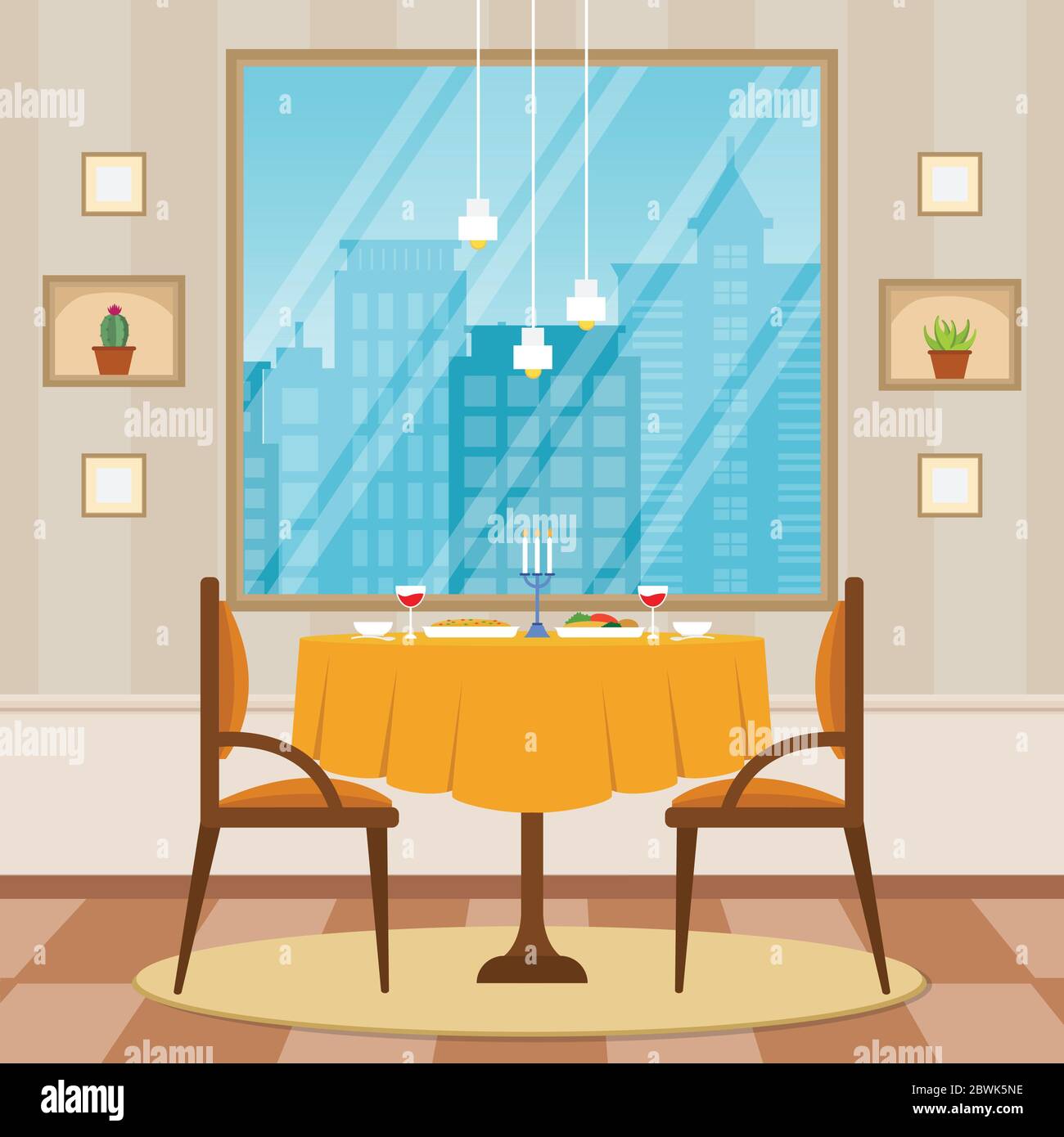 Modern Empty Cafe Restaurant Interior Furniture Flat Vector Illustration Stock Vector