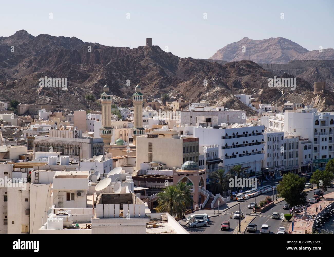 Elevated view of the Corniche entrance to the Mutrah Souq in Al Bahri Road, Muscat, Sultanate of Oman. Stock Photo