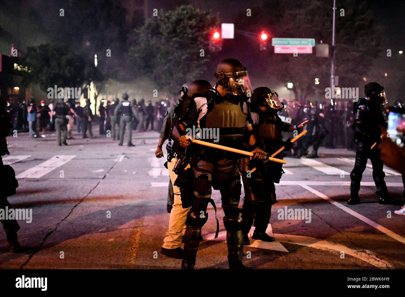 Atlanta, United States. 29th May, 2020. Police in riot gear stand guard ...