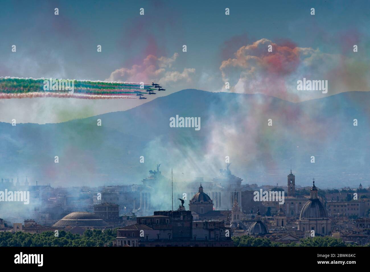 'Frecce tricolori' acrobatic patrol over the sky of Rome Stock Photo