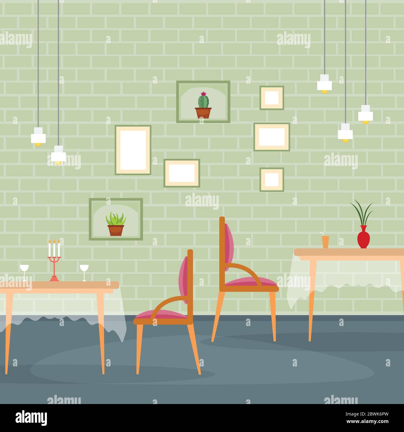 Modern Empty Cafe Restaurant Interior Furniture Flat Vector Illustration Stock Vector