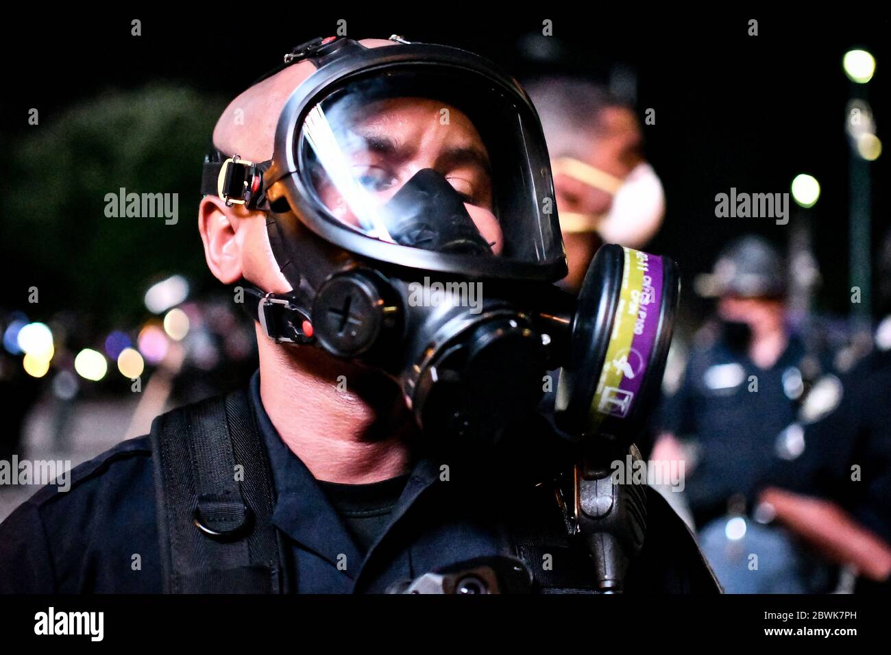 Atlanta, United States. 29th May, 2020. Police in riot gear stand guard ...