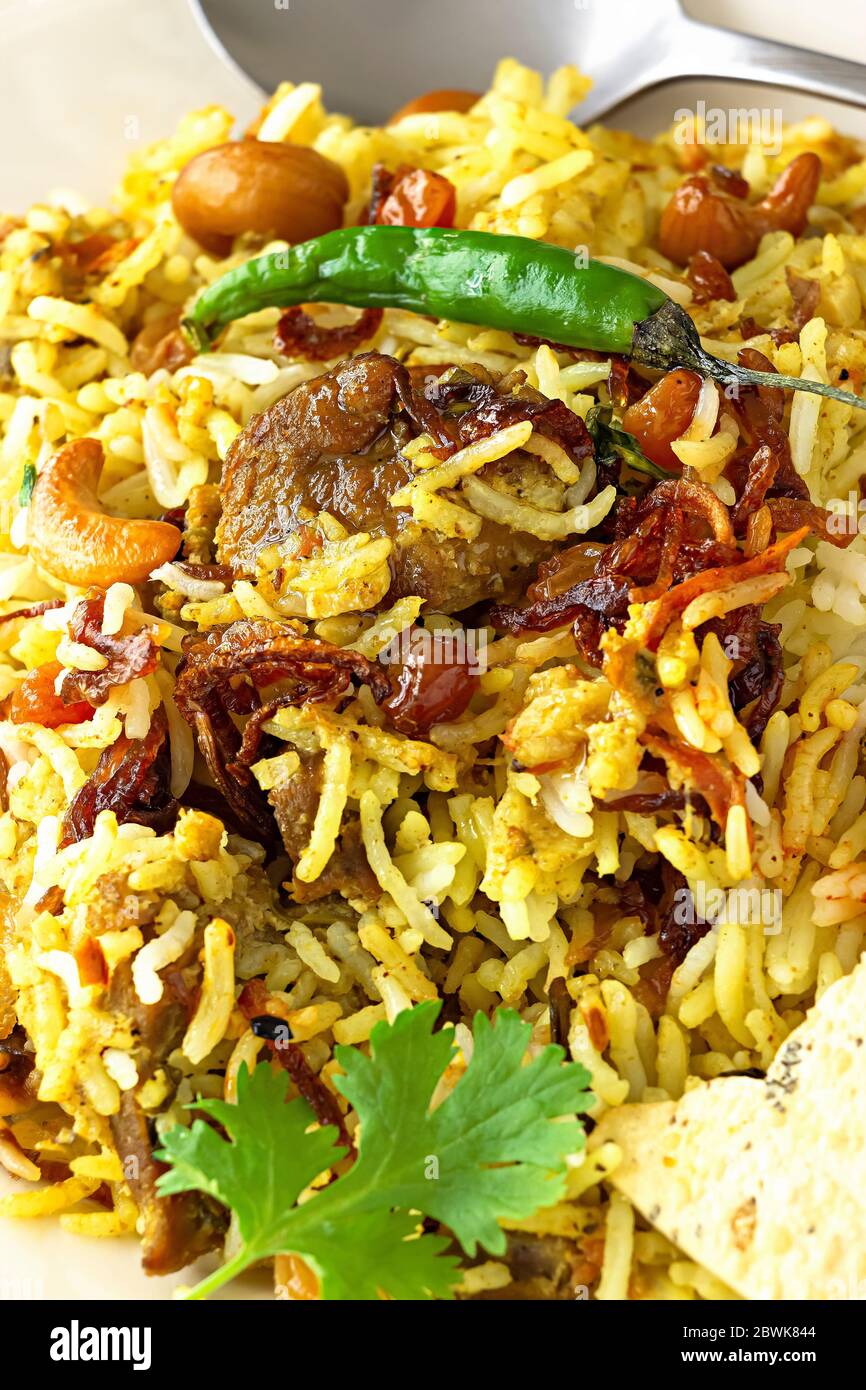 Halal Indian chicken or mutton Biryani. Close up. Macro photo