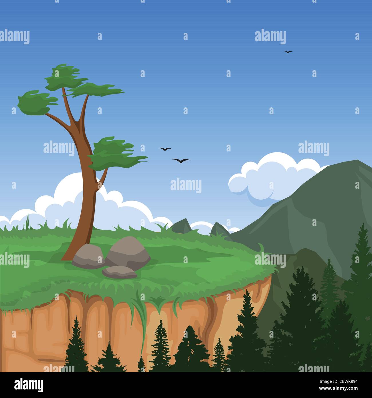 Mountain Valley Cliff Tree Nature Landscape Vector Illustration Stock Vector