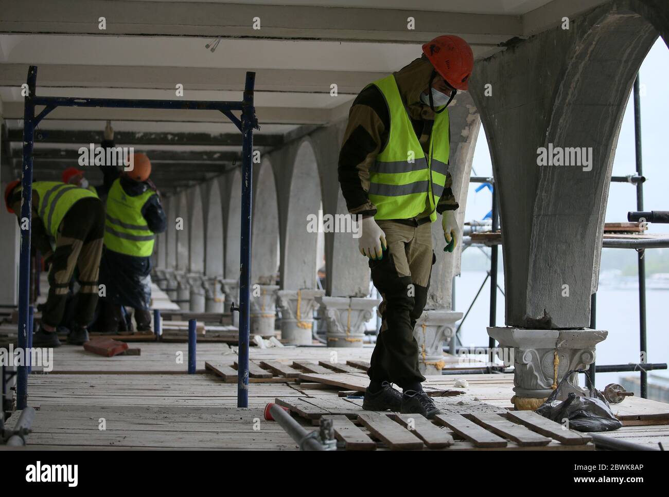 Moscow, Russia. 2nd June, 2020. Workers are seen at the reconstruction site of the North River Terminal. Credit: Gavriil Grigorov/TASS/Alamy Live News Stock Photo