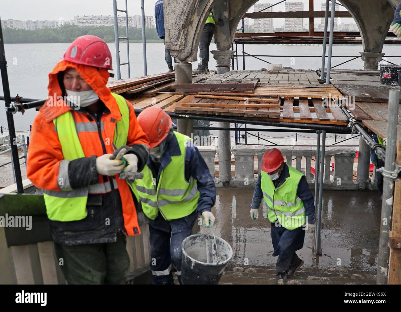 Moscow, Russia. 2nd June, 2020. Workers are seen at the reconstruction site of the North River Terminal. Credit: Gavriil Grigorov/TASS/Alamy Live News Stock Photo