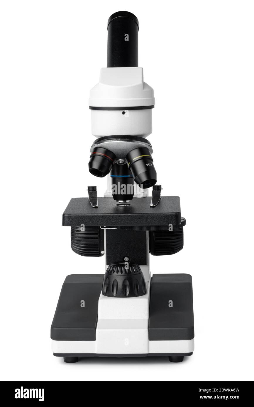 Scientific microscope isolated on white background, front view Stock ...