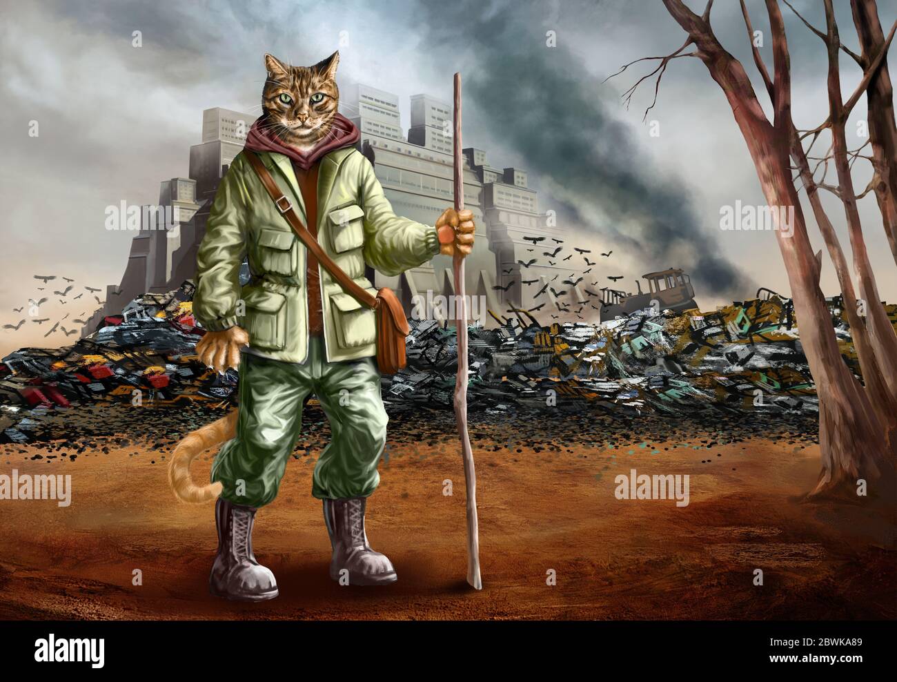 Apocalyptic puss in boots and apocalyptic landscape with castle and junkyard illustration Stock Photo